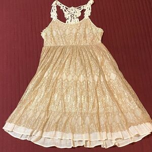 A’reve Lace Crotchet Strap Dress in Cream with Gold Lace Overlay Large